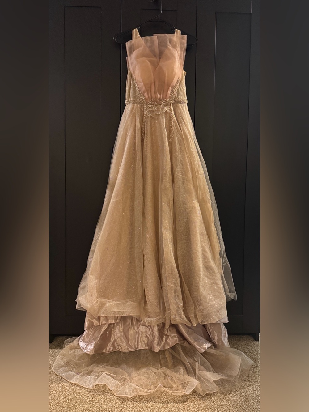 Elegant Blush Champagne Tulle Overlay Dress (Size: S)